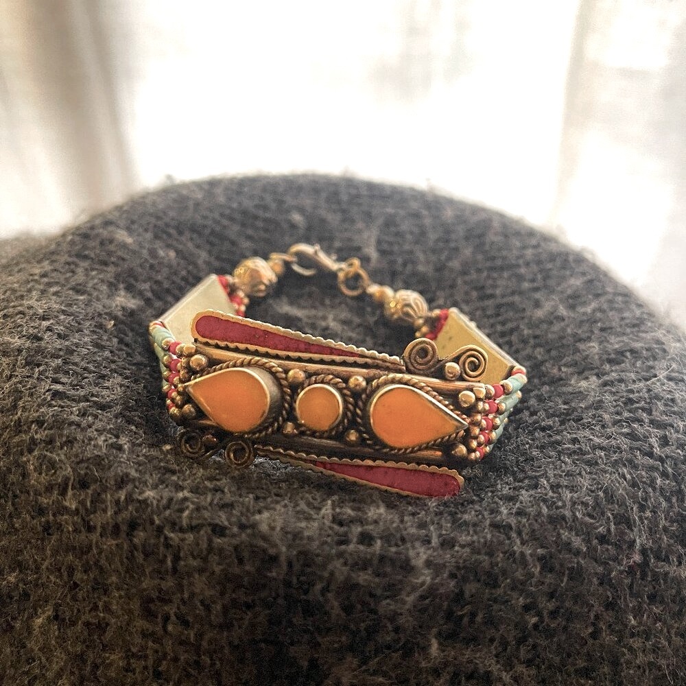 Resin and silvertone bracelet India primary colors ethnic natural hippie jewelry